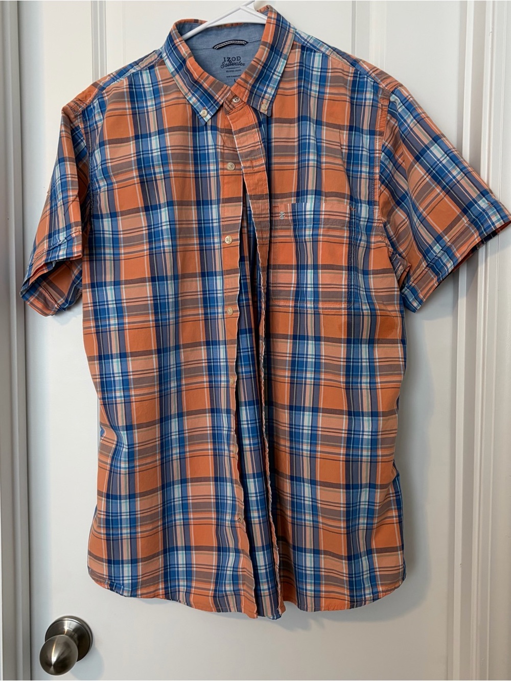 Izod- Short-Sleeve Plaid Button-Down Shirt in Orange and Blue